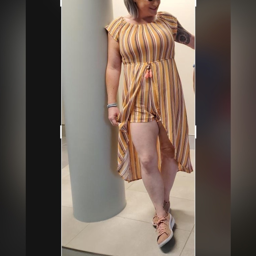 Striped Yellow High-Low Romper with Drawstring Waist